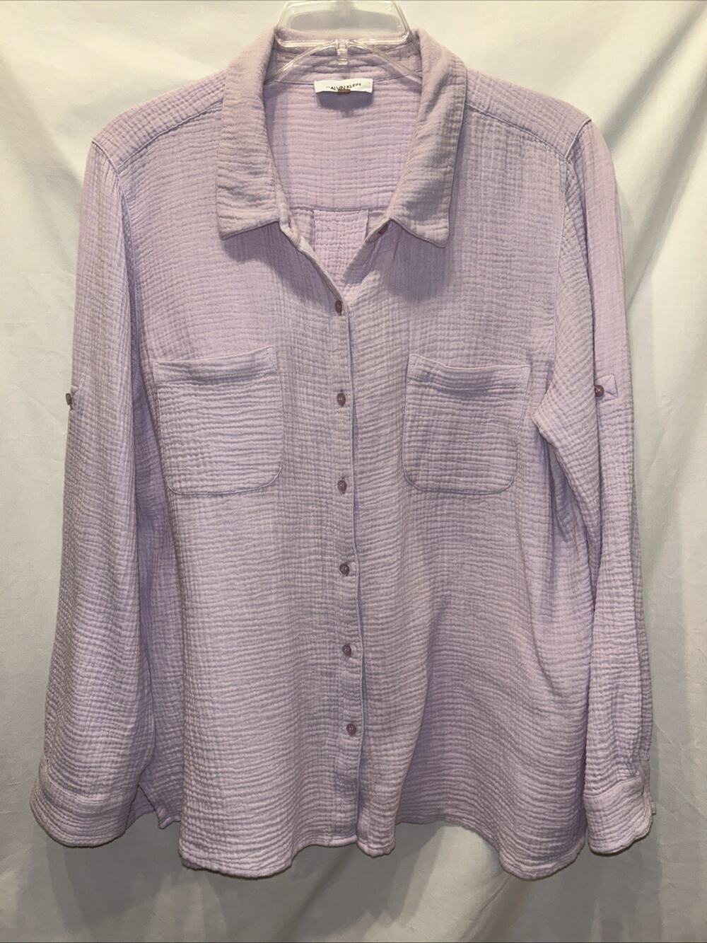 Calvin Klein Cotton Gauze Womens LG Button Up Shirt Purple Long Sleeve Coastal